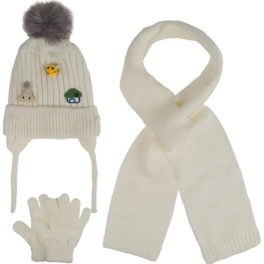 Kitti Bebe Kız Atkı Bere Eldiven Takım, 1-4 Yaş, Krem