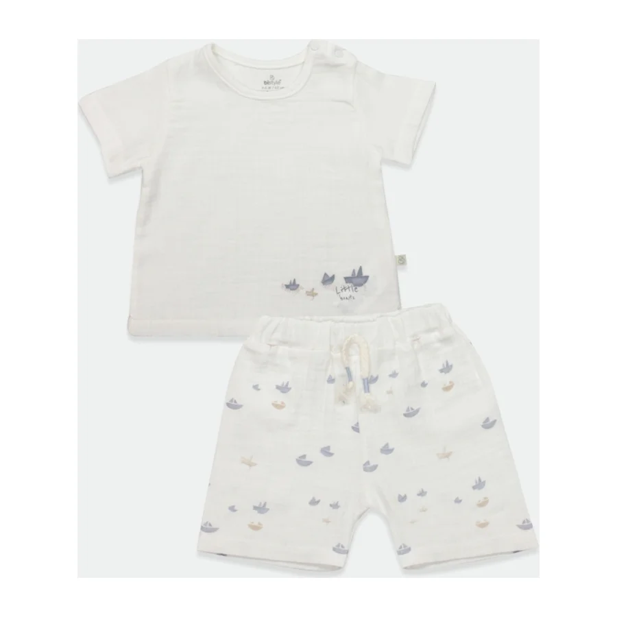 Bistyle Little Boats Müslin Şort Takım, 2'li, Ekru